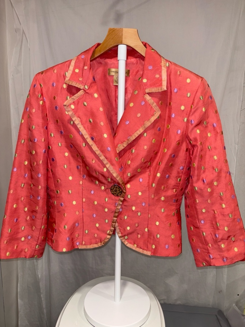 Cropped Coral Polka-Dot Silk Blazer